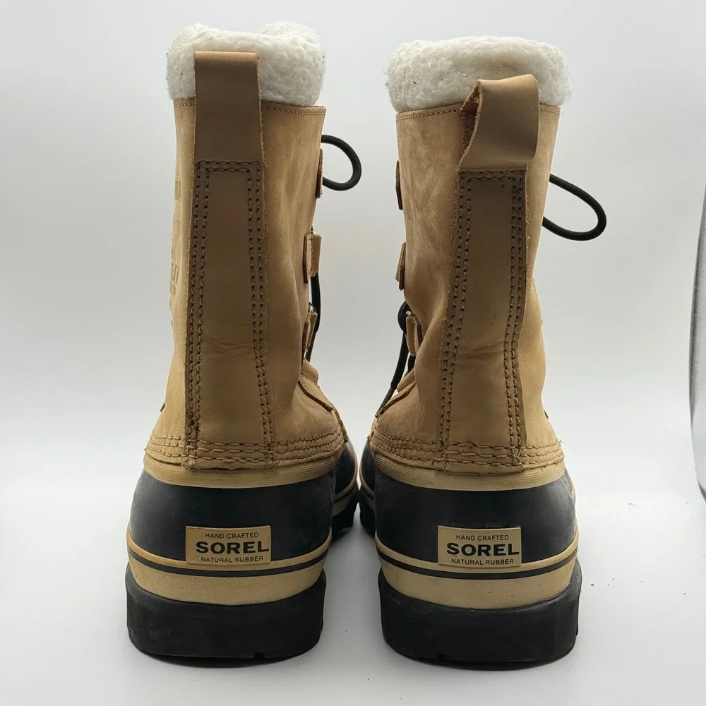 Sorel Caribou Snow Boots Mens 10 Tan Waterproof Leather Faux Fur Winter